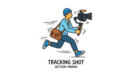 Naklejka premium Cartoon illustration of a cameraman running with camera equipment tracking shot action media