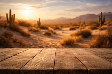 Visual design background with blurred desert view and wooden table surface including copy space