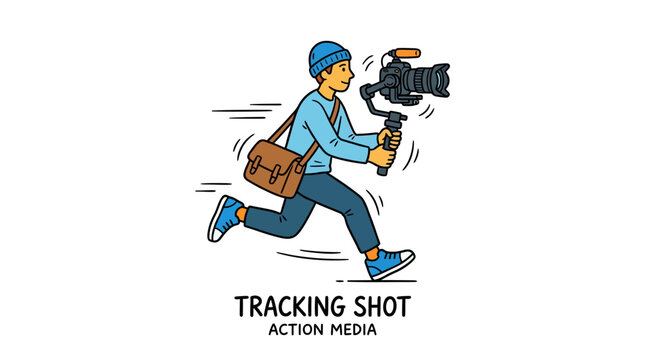 Cartoon illustration of a cameraman running with camera equipment tracking shot action media