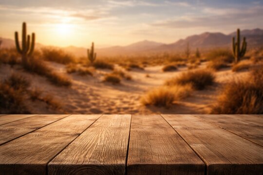 Visual design background with blurred desert view and wooden table surface including copy space
