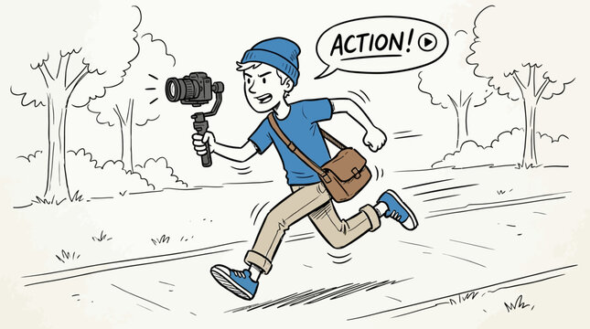 Cartoon illustration of a videographer running with camera and action speech bubble