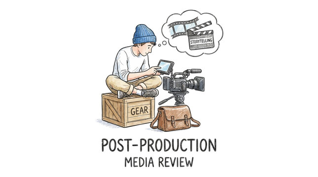 Post-production media review cartoon illustration with film equipment
