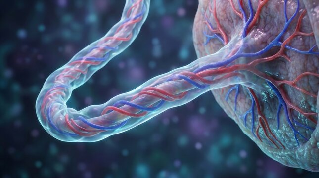 Detailed 3D illustration of a human umbilical cord with arteries and veins