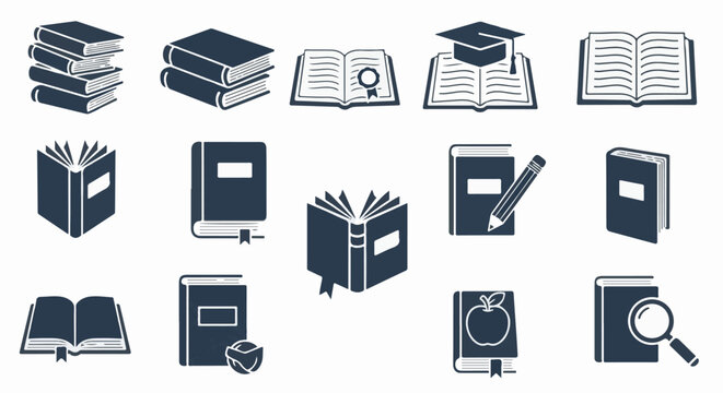 Various book icons stacks, opened, closed, graduation cap, pencil, apple, magnifying glass