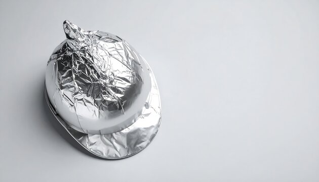 Shiny aluminum foil hat on white background creative concept