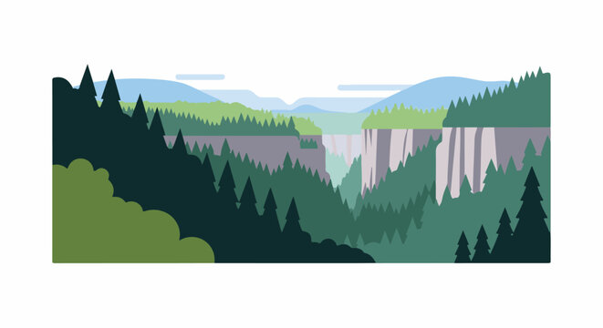 Stylized illustration of a vast canyon with a waterfall and dense evergreen forests