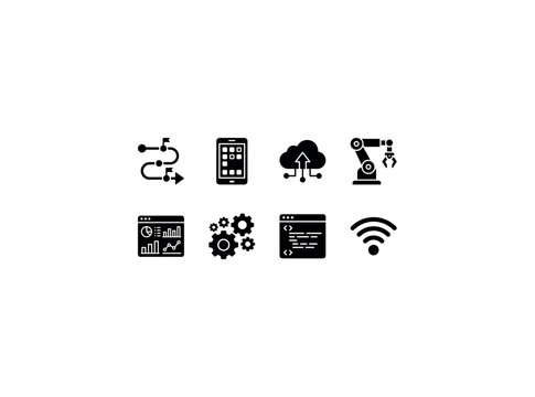 Digital Innovation Plan. Filled icon set of Digital Innovation Plan: project roadmap, smart device, cloud computing, robotic arm, data dashboard, gear settings, code window, wireless connection. Solid