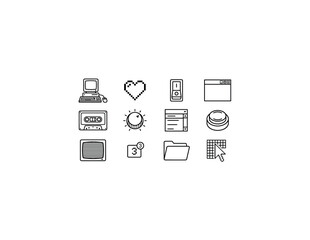 Fototapeta premium Retro UI Design. Line outline icon set of Retro UI Design: old computer, pixel icon, toggle switch, toolbar window, cassette tape, dial knob, menu panel, arcade button, scanline screen, notification