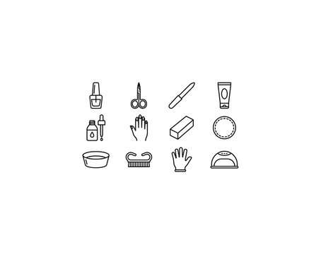 Hand and nail care. Line outline icon set of Hand and nail care: nail polish bottle, manicure scissors, nail file, hand cream, cuticle oil, polished nails, buffer block, cotton pad, hand soak bowl,