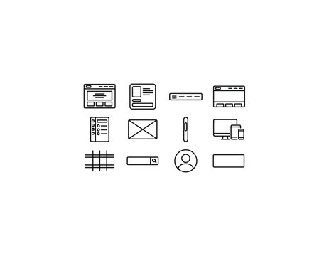 Abstract Web Layouts. Line outline icon set of Abstract Web Layouts: landing page, content card, navigation bar, hero section, sidebar panel, image placeholder, scroll bar, responsive screen, layout