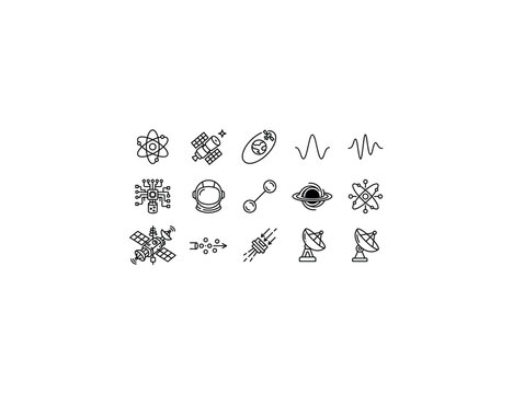 The role of quantum mechanics in space research. Line outline icon set of The role of quantum mechanics in space research: quantum atom, space telescope, satellite orbit, wave function graph, quantum