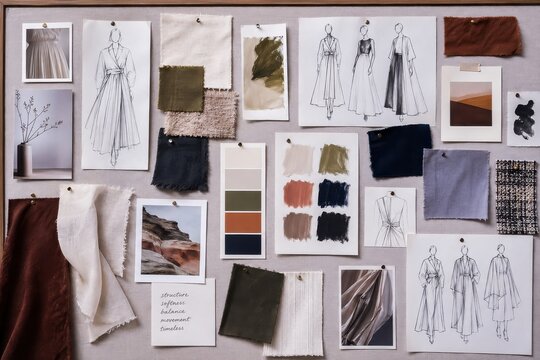 Fashion design mood board with fabric swatches, sketches, and color palettes in a creative workspace