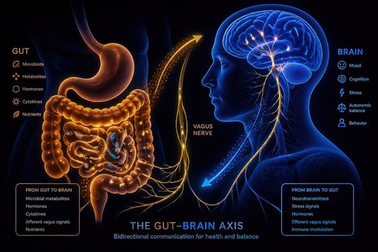 Gut brain axis illustration showing bidirectional communication for health and balance with labeled components.
