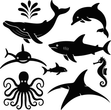 Collection of black silhouette sea animals isolated on transparent background including whale dolphin shark and octopus art