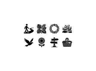 Obraz premium Nature Park Exploration. Filled icon set of Nature Park Exploration: strolling figure, tropical leaves, floral wreath, stone pathway, bird silhouette, blooming sunflower, wooden signpost, picnic
