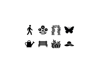 Obraz premium Botanical Garden Walk. Filled icon set of Botanical Garden Walk: walking person, blooming flowers, garden arch, butterfly, watering can, park bench, leafy plants, sun hat. Solid icons set. All icons