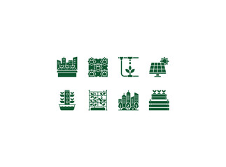 Fototapeta premium Urban Vertical Garden. Filled icon set of Urban Vertical Garden: rooftop planter, modular plant wall, drip irrigation, balcony railing planter, cactus pot, garden shovel, trellis frame, leafy greens.