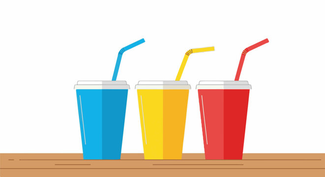 Three colorful cups with straws sit on a wooden surface