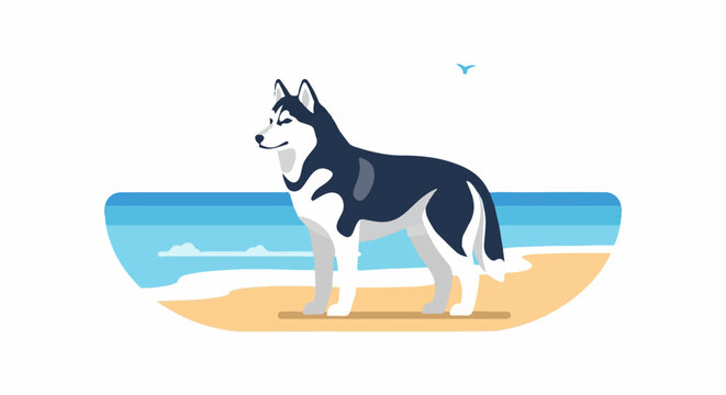 Stylized Siberian Husky stands on a sandy beach next to blue ocean waves