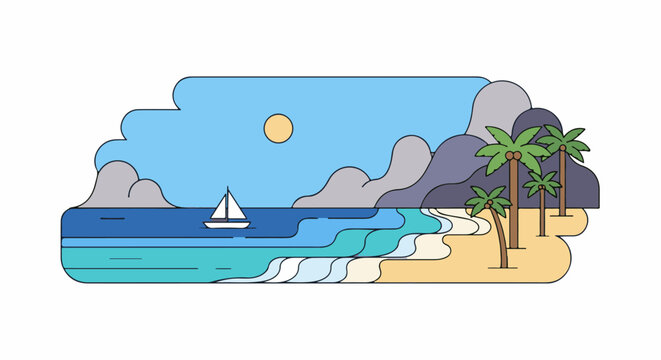 Stylized island beach scene with palm trees, rolling waves, and a sailboat