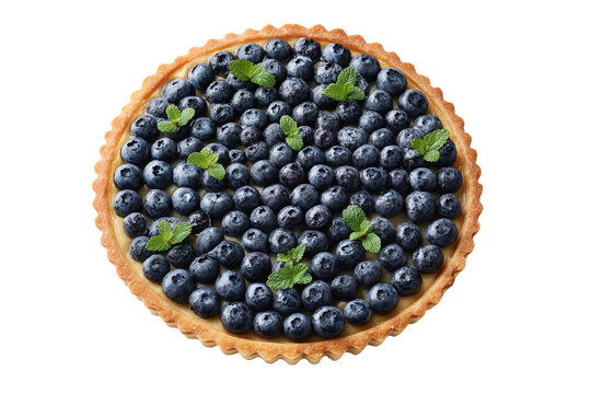 Apetyczna, okrągła tarta jagodowa z listkami świeżej mięty, idealnie ułożona na białym tle, uchwycona z g&oacute;ry.