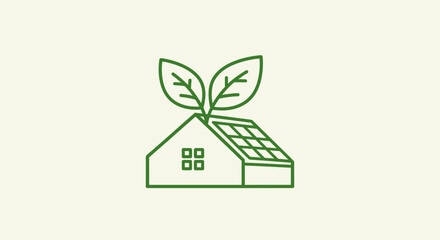 A green house with solar panels and leaves on the roof stands in a clean environment. © Byone
