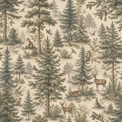 Fototapeta premium Seamless Vintage Forest Wildlife Pattern Wallpaper
