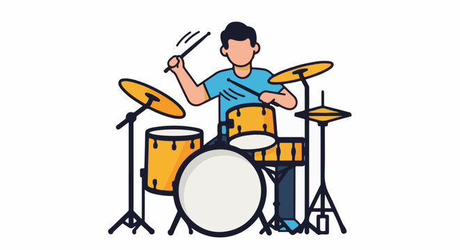Stylized person plays a yellow drum set with sticks and cymbals