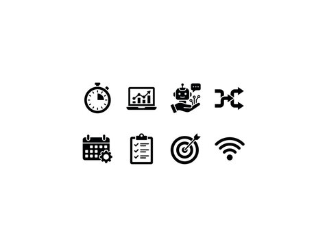 Tech Driven Efficiency. Filled icon set of Tech Driven Efficiency: productivity timer, laptop analytics, AI assistant, workflow arrows, smart calendar, task manager, focus target, wireless connection.