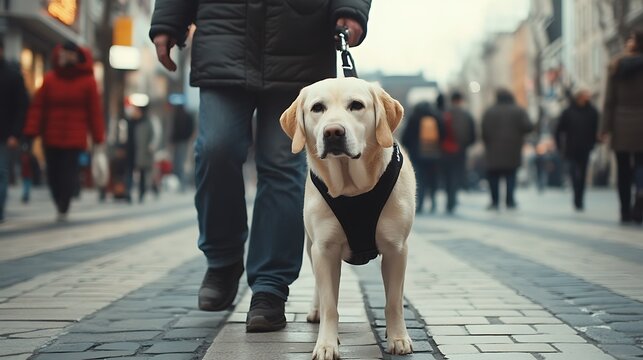 Labrador guide dog on leash navigating busy downtown high resolution picture