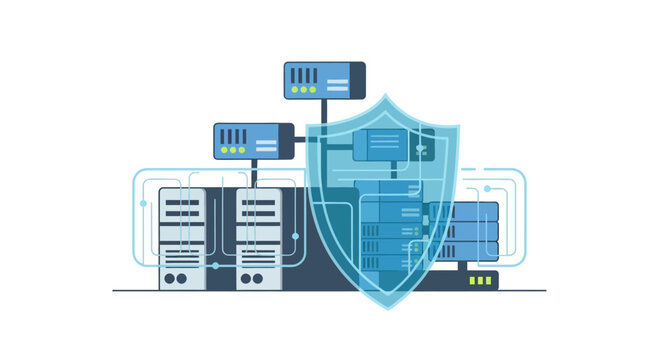 Cybersecurity Concept Illustration with Server Racks and Protective Shield for Data Protection, Network Security, and Cloud Computing Infrastructure