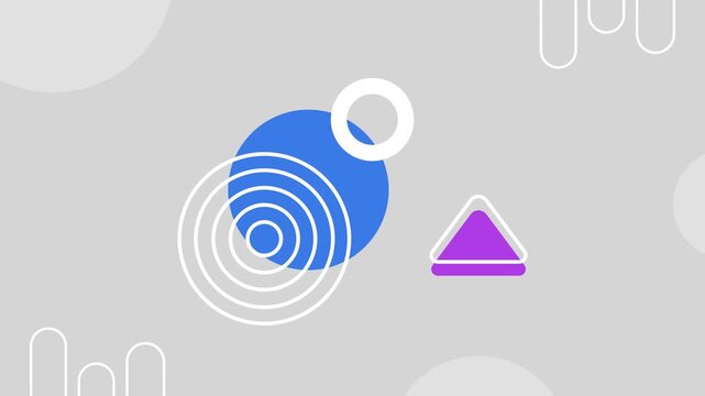 Seamless loop animation of an abstract background featuring various blue, purple, and white Bauhaus geometric objects moving smoothly on a solid gray backdrop layout