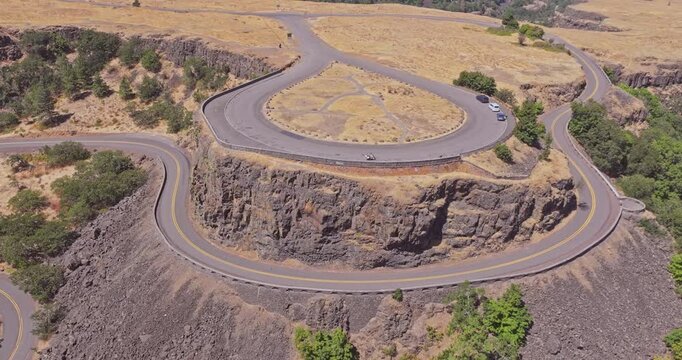 Aerial drone shot of the Rowena Crest Viewpoint in Mosier Oregon on the Columbia River Gorge National Scenic Area