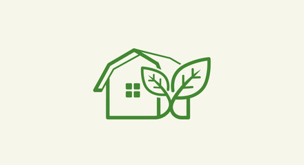 Fototapeta premium A green line drawing of a house with leaves on a pale background