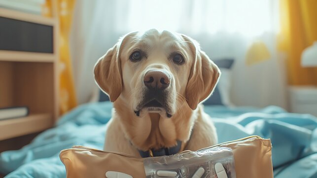 Labrador service dog helping with daily medication routine high resolution picture