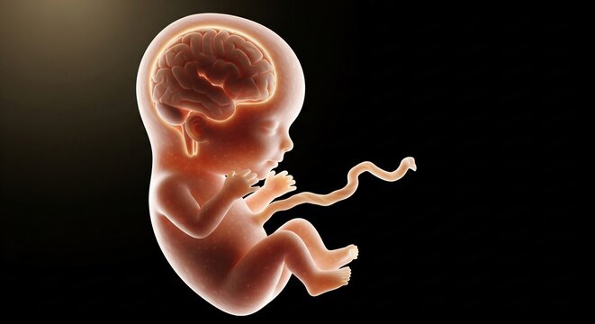 Illuminated fetus with developing brain and umbilical cord against a dark background
