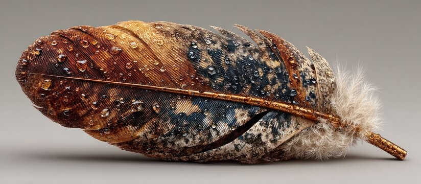 A detailed image of a feather with water droplets on a neutral backdrop