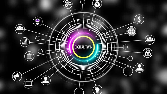 Digital twin technology concept with hud interface and network connectivity for industry 4.0 and smart manufacturing visualization