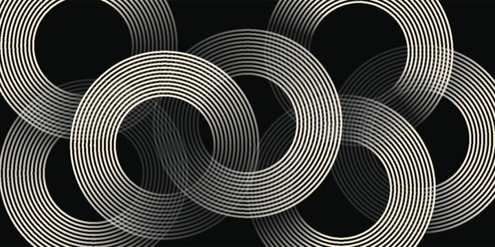 Abstract gold circle lines on dark background. Geometric stripe line art design. Modern luxury template. Suit for presentation, banner, cover, web, flyer, poster, brochure. Vector illustration
