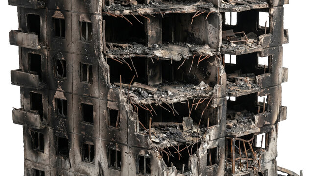 Damaged scorched apartment building shell isolated on transparent background burnt structural skeleton cutout.