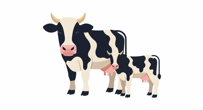 Two Holstein cows, a large adult and a smaller calf, stand side by side