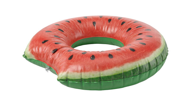 Inflatable watermelon pool float circle toy isolated on transparent background for summer swimming water activity.
