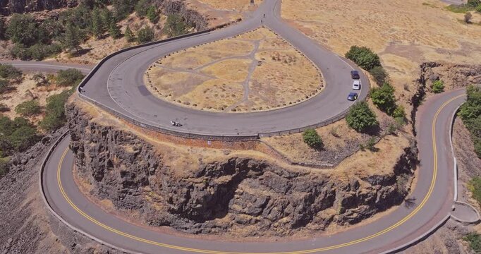 Aerial drone shot of the Rowena Crest Viewpoint in Mosier Oregon on the Columbia River Gorge National Scenic Area