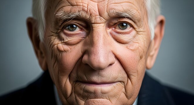 Intimate close-up portrait of a wise and deeply contemplative elderly man, his weathered face reflecting a lifetime of experiences and profound thoughts, gazing directly