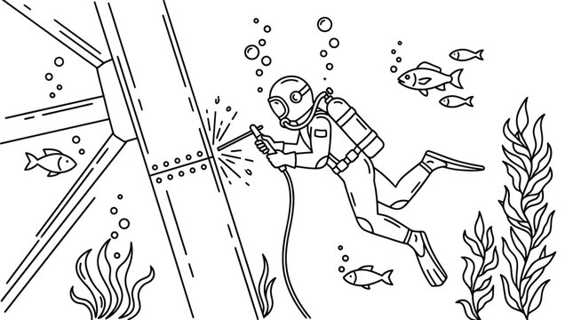 Underwater welding diver repairing metal structure, fish and seaweed