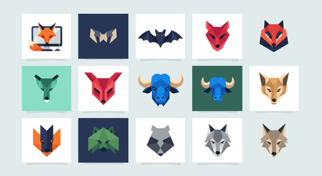 Geometric Animal Icons: Fox, Bat, Wolf, Bull, Racoon - Flat Design