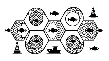 Fishing net with fish, boat, and buoys illustration © angsutnyakinah