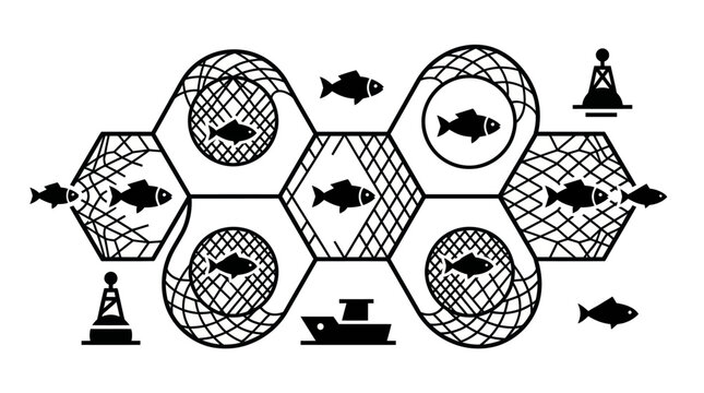 Fishing net with fish, boat, and buoys illustration