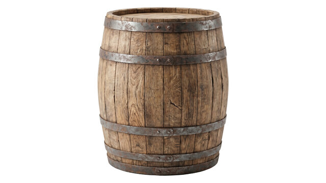 Old oak wood barrel with iron hoops isolated on transparent background, used for wine, beer, rum or water.