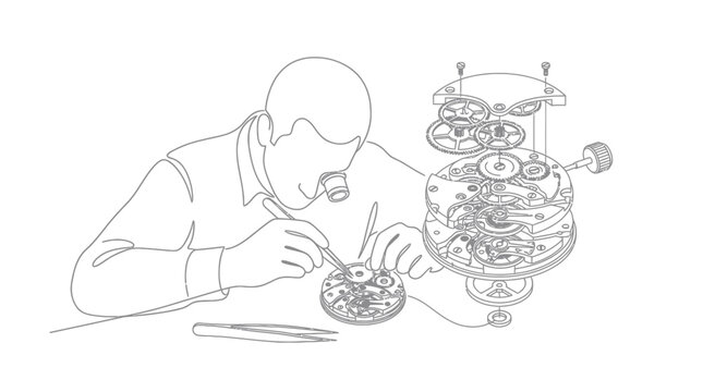 Watchmaker meticulously assembling intricate mechanical timepiece with tools and magnifying loupe